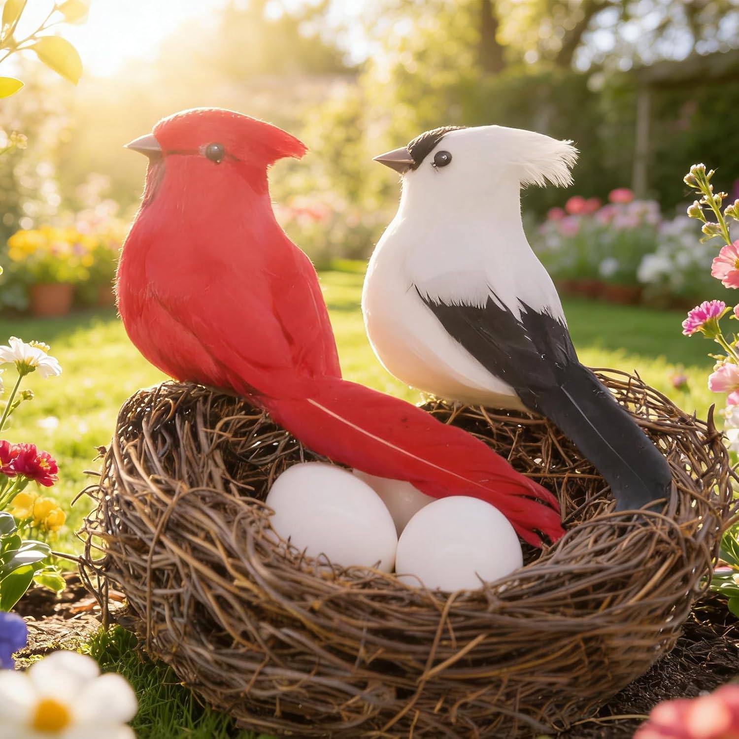 Real Feathers Artificial Red Cardinal Decor With Nest Eggs,Faux Mini Birds Figurines Realistic Ornaments Easter Clip On Christmas Tree Home Decoration Garden Small Fake Bird Decorative,Gifts,Crafts