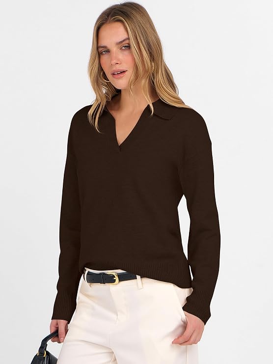 ANRABESS Womens Polo V Neck Long Sleeve Sweaters Lightweight Dressy Casual Business Basic Knit Pullover Top 2026 Fall Outfits