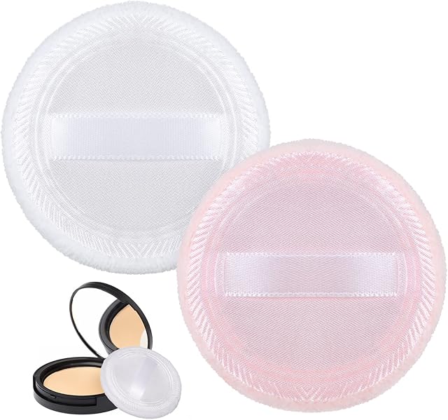 Patelai 2 Pcs Round Powder Puff Makeup Face Sponge Puff Soft Powder Sponge Reusable Makeup Foundation Compact Puff with Strap for Loose Powder Cosmetic Foundation Face Corners Wet Dry Makeup