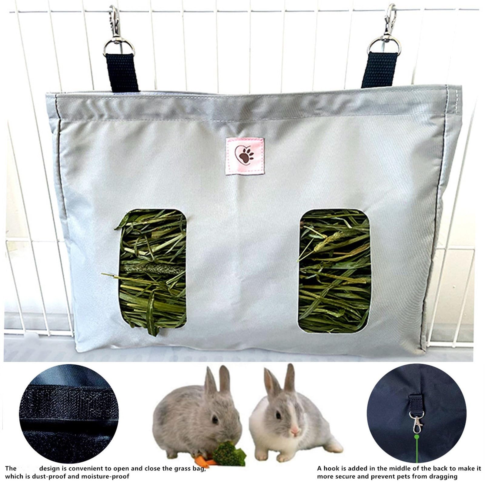 Sac à Foin, Sac pour mangeoire à Foin de Lapin, mangeoire pour Cavies, Sac à Foin pour Animaux de Compagnie, pour Lapin/Cavies/Hamsters/Chinchillas Essentiels Animaux domestiques(2 Ouvertures) (Gris)