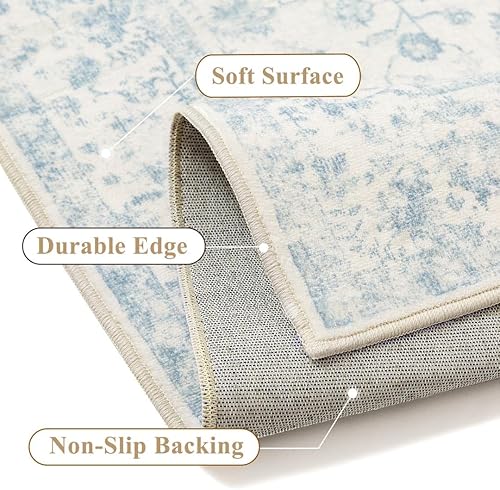 Miniatura 3 de Alfombra de área azul de 8 x 10 pies, antideslizante, grande, vintage, para sala de estar, envejecida, lavable a máquina, alfombra tradicional para