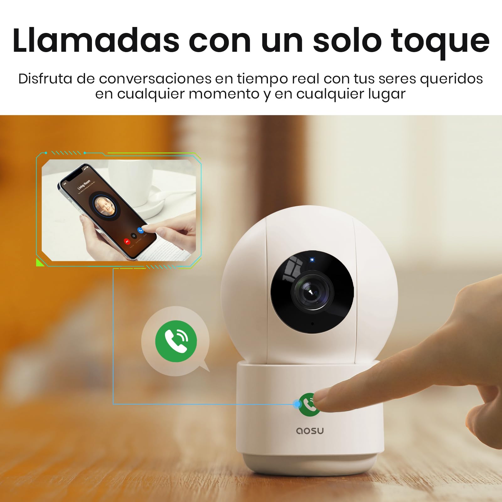 aosu 2K Camara Vigilancia WiFi Interior 360°, Nocturna HD de 10 m, WiFi 5G/2.4 GHz, Detección Humana AI, Audio Bidireccional, Llamada de un Toque, para Bebé/Mascotas, Compatible con Alexa