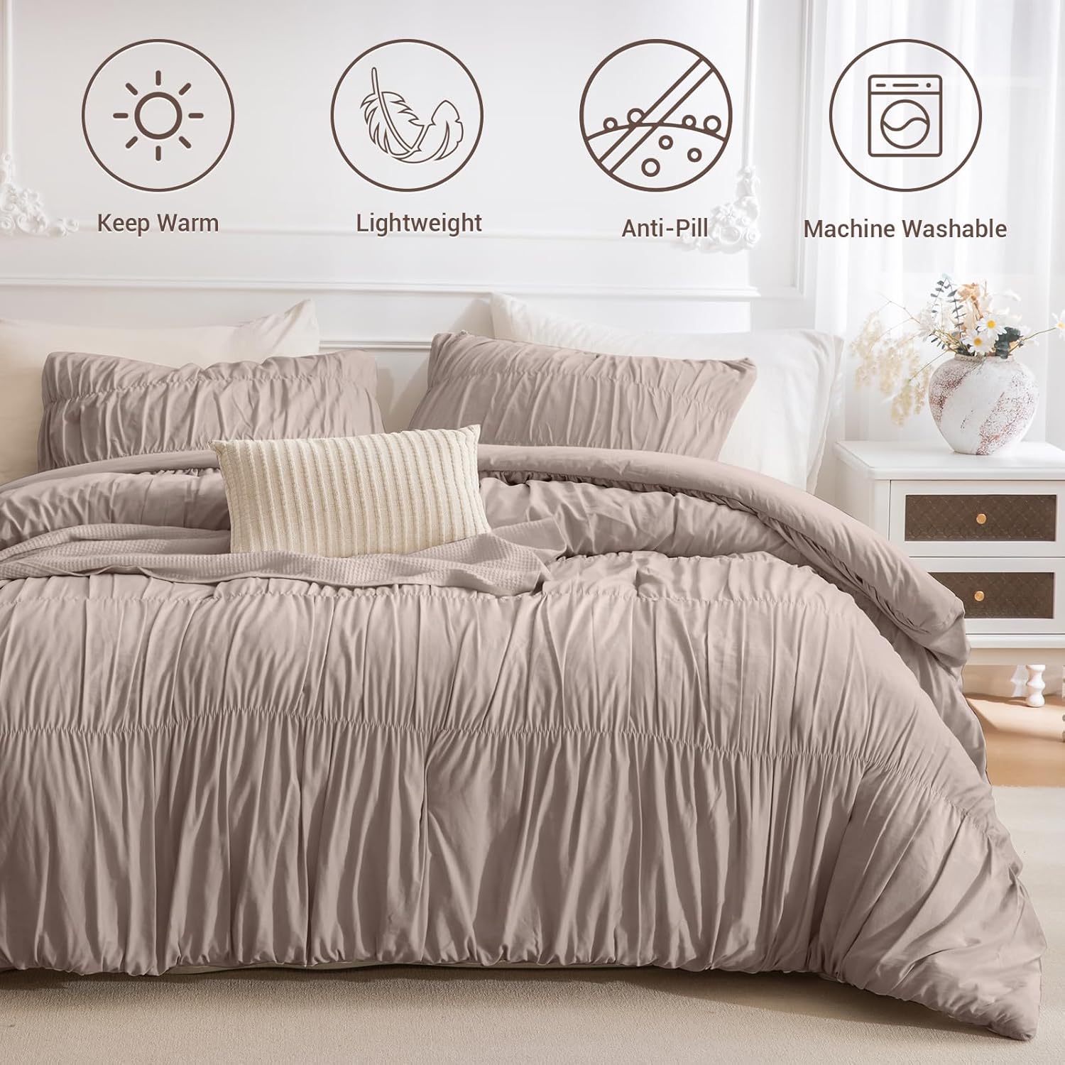 Lady Ann King Bed Comforter Set Camel Ruched King Boho Bedding Comforter Set 104x90 for Bedroom Ultra Soft & Luxurious 3 Piece Fluffy Bed Sets