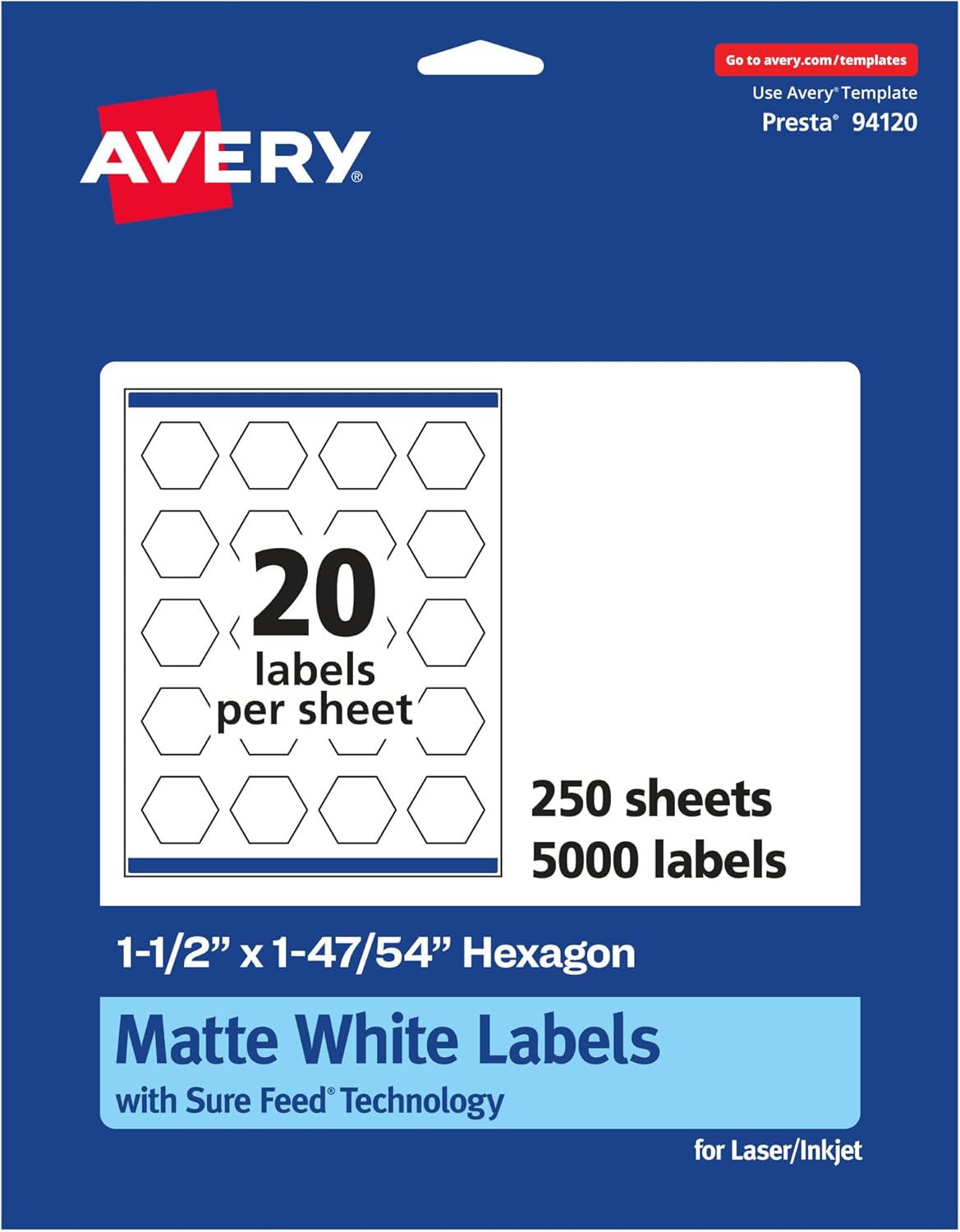 Avery Matte White Hexagon Labels, Sure Feed Technology, 1.5" x 1-47/54", 5,000 White Labels, Print-to-The-Edge, Permanent Adhesive, Laser/Inkjet Printable