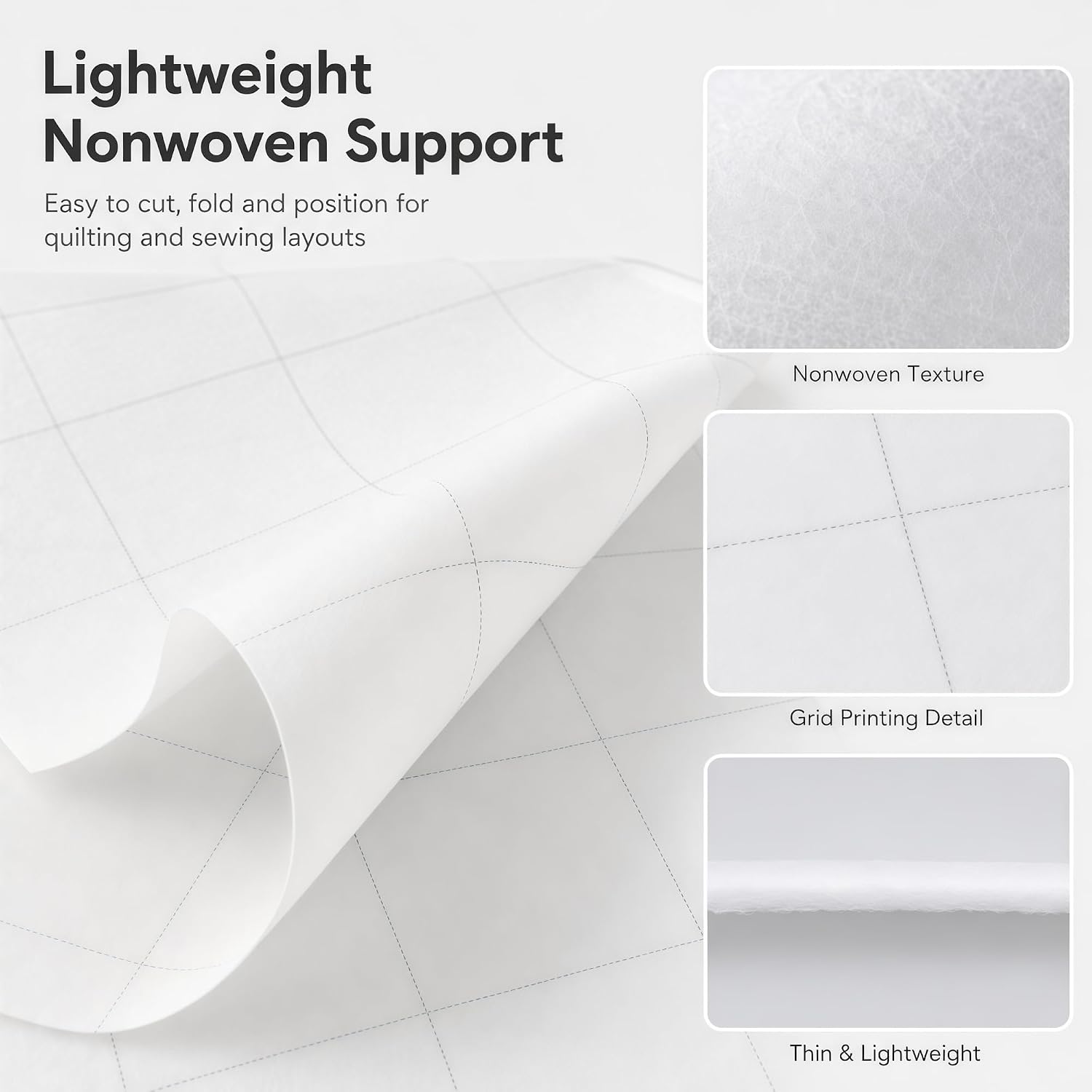 2 Pack Fusible Interfacing for Sewing, Grid Interfacing for Quilting, 47 in x 4 yd White Nonwoven Iron On Fabric with 2 x 2 Inch Lines, DIY Crafts Layout, Lightweight Roll