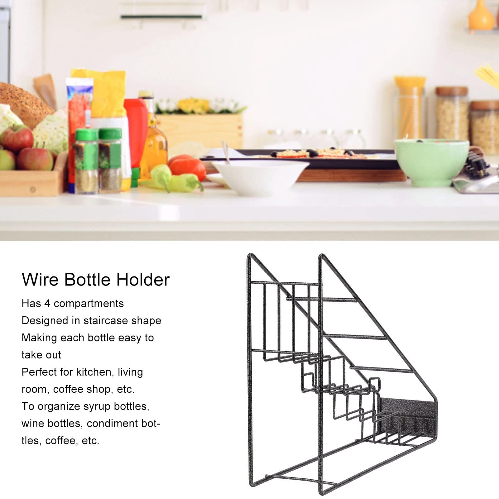 Ejoyous Porte-Bouteille en Fil Métallique, 4 Compartiments, Organisateur de Sirop de café, Porte-Bouteille de Vin en Fil d'acier Inoxydable, Porte-Bouteille de Sirop, Support à épices,