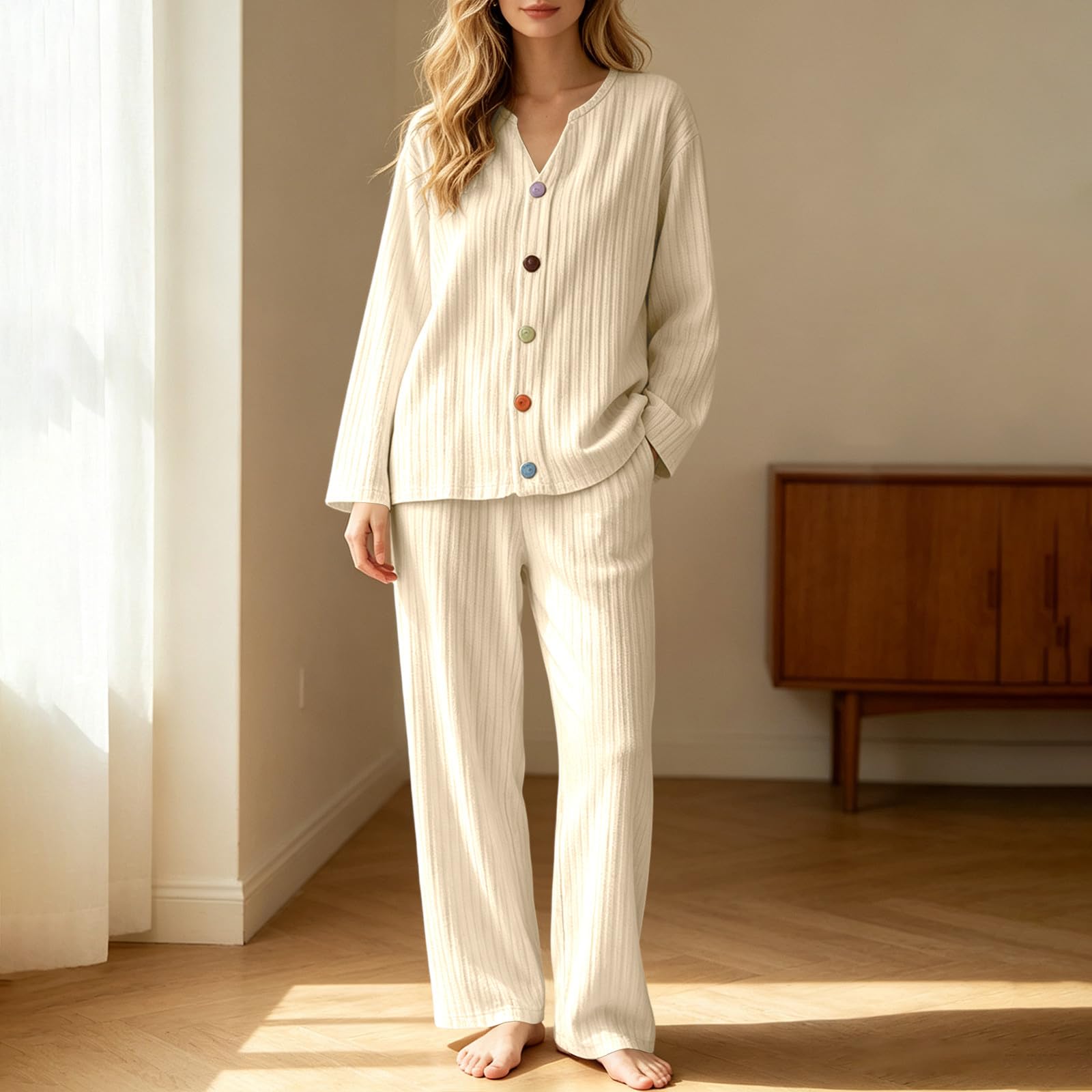 Ensemble de Pyjama Femme Manches Longues à Boutons Pantalon Décontracté
