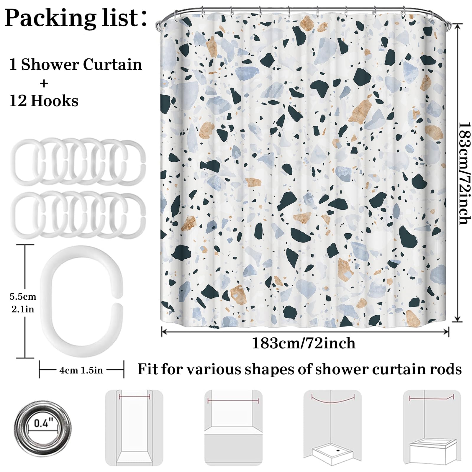 Simpomsy Terrazzo Shower Curtains Mould proof resistant, Washable Weighted Fabric Wet Room Shower Curtain, 3D Marble Terrazzo Long Shower Curtains 180x180cm - Image 2