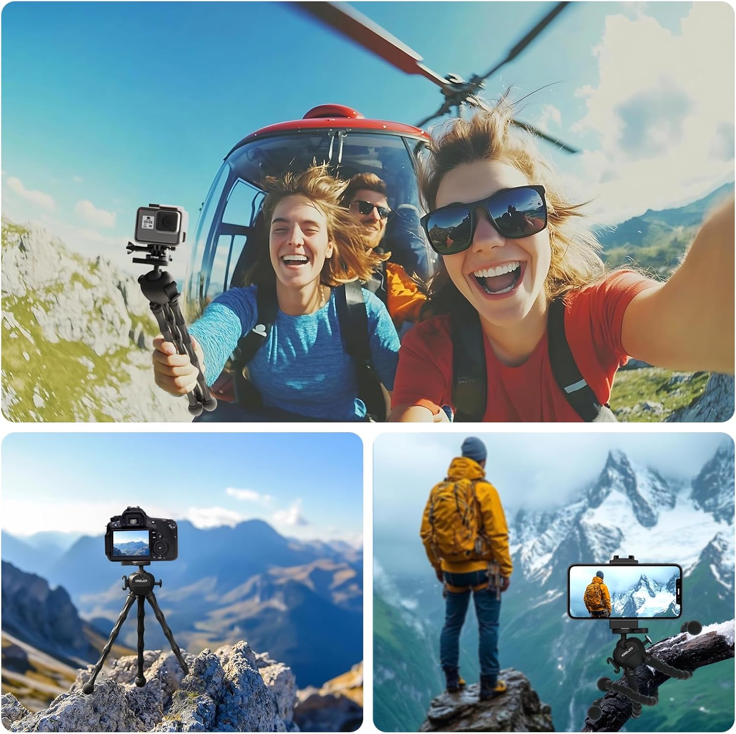 KINGJOY Flexible Action Camera Tripod for Gopro, Octopus Vlogging Tripod with Detachable Legs, 360° Ball Head, Cold Shoe & Remote, Portable Camera Stand Mount for GoPro, DJI, Compact Camera - Black