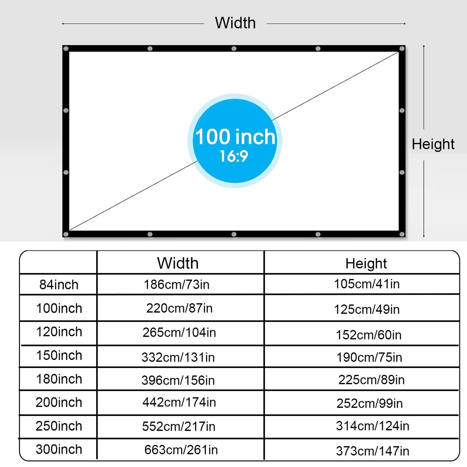 Telo Proiettore 84-300 Pollici per Interni ed Esterni, Pieghevole Portatile Schermo Proiettore 16:9 4K HD, per Home Theater Ufficio Riunioni(84inch(16:9))