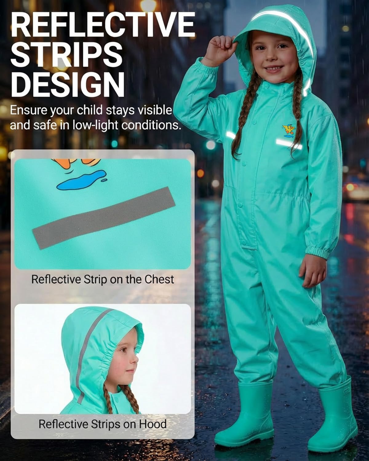 JiAmy Combinaison imperméable pour fille et enfant, imperméable à l'eau pour fille avec capuche et rayures réfléchissantes, vêtements de pluie pour l'école et le jeu vert pour 10-12 ans