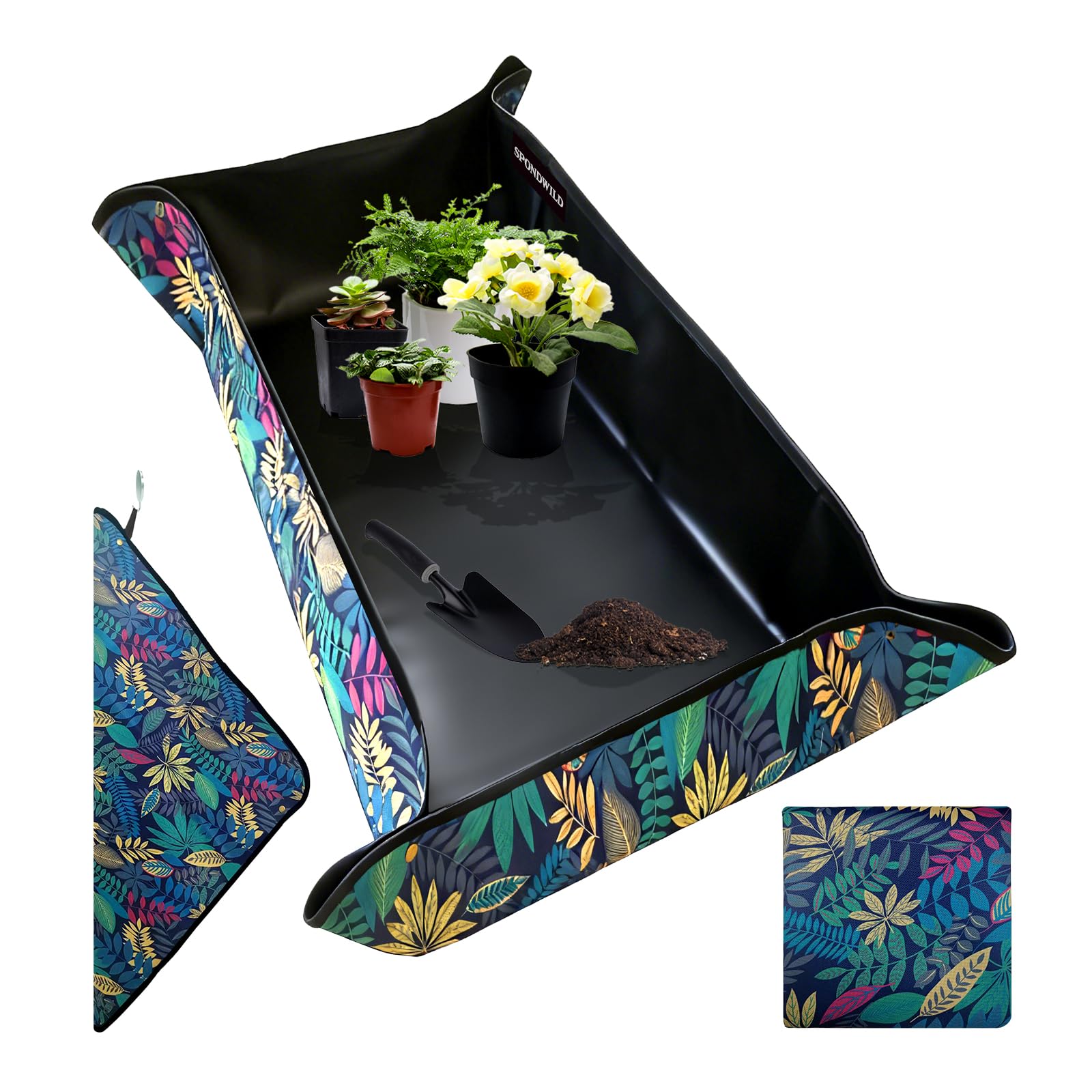 Tapis Imperméable de Rempotage - 100x150 cm Bac de Plantage en Tissu Oxford, Pliable et Portable pour Jardinage d'Intérieur, Contrôle de la Terre (Impression Feuilles Noires)