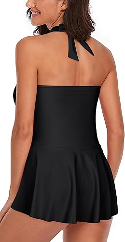 Miniatura 3 de Traje de baño tankini halter para mujer, de dos piezas, con control de abdomen, cuello en V, fluido con pantalones cortos