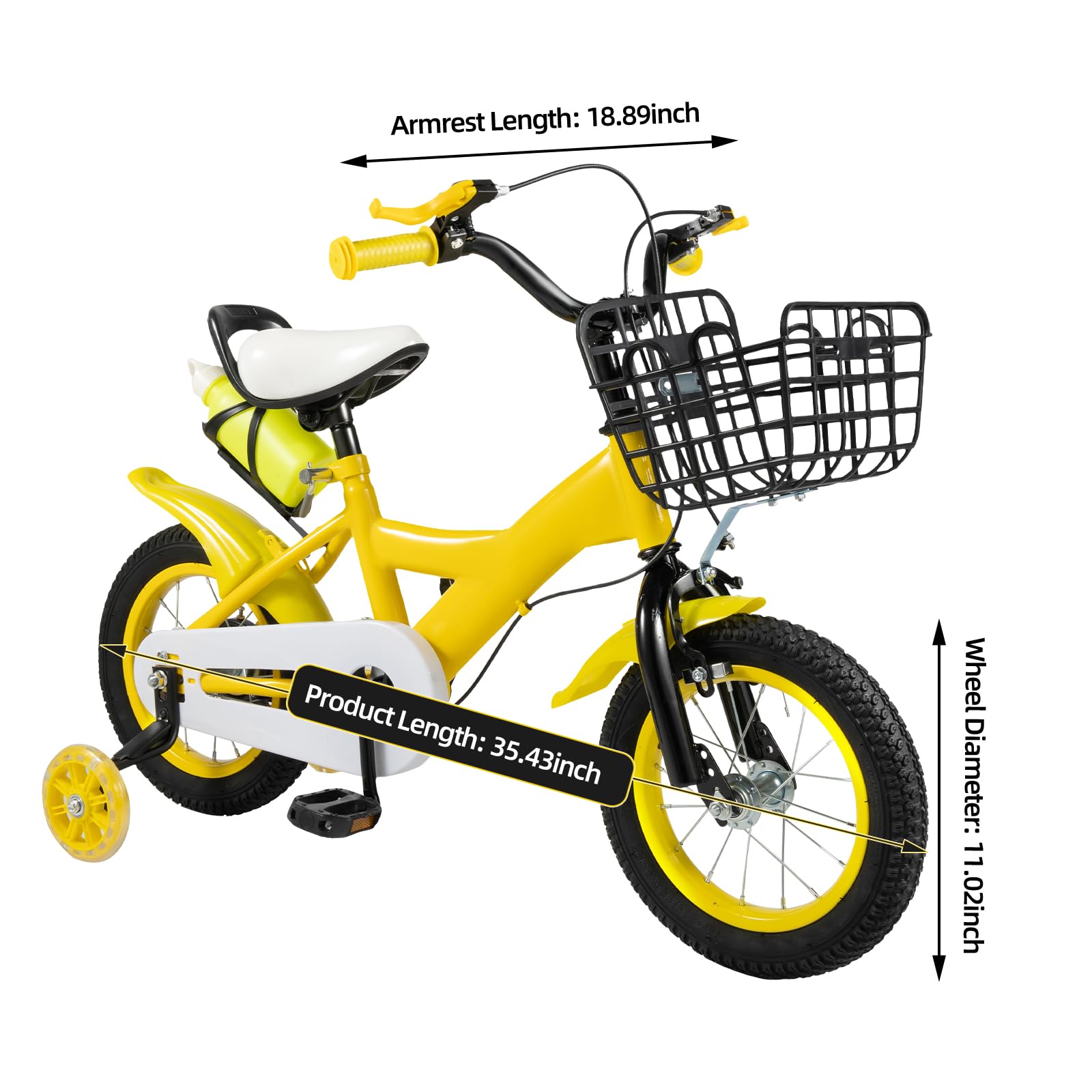 Bicicleta infantil de 12 pulgadas con ruedas estabilizadoras, bicicleta amarilla para niños y niñas a partir de 3 – 6 años, altura regulable, doble freno, marco de acero, con cesta y portaequipajes