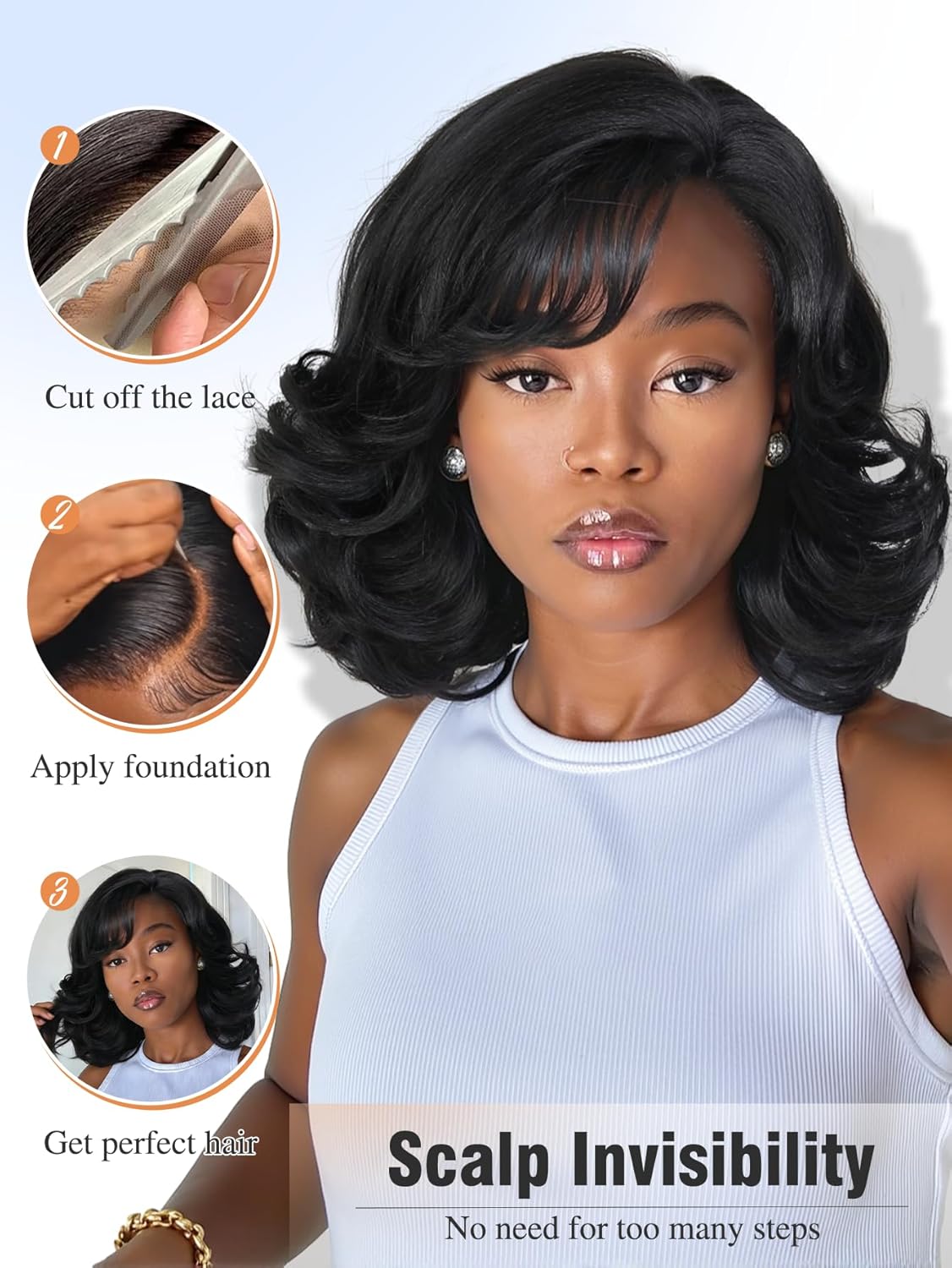 Quantum Love Black Curly Bob Wig with Bangs Yaki Wavy Short Shoulder Length Layered Wigs for Black Women Side Part Gluless Synthetic Wear And Go Wigs for Daily and Party Use(Black 14inch)