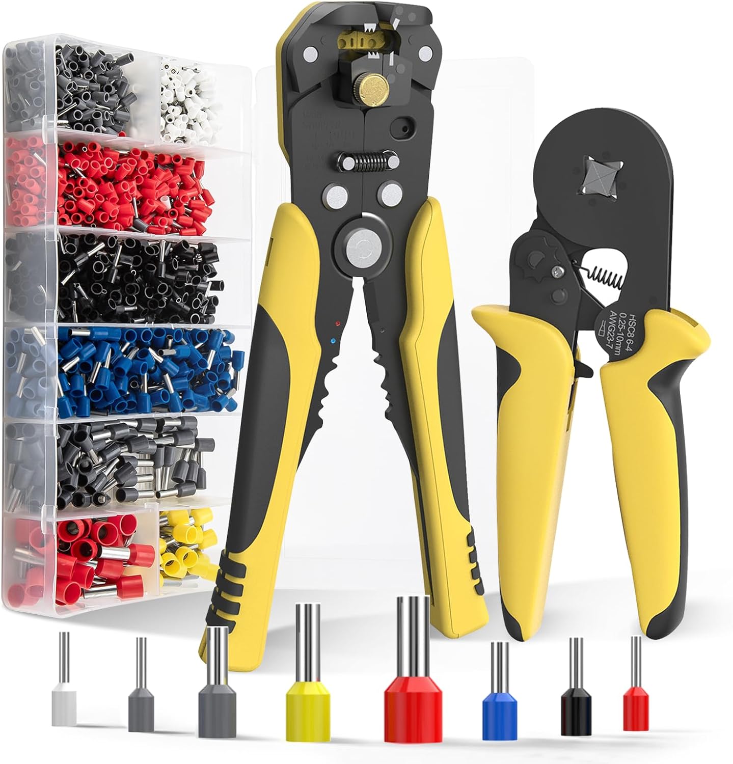 Self-Adjusting Wire Stripper Ferrule Crimping Tool Kit AWG 24-10 Automatic Electrical Wire Stripper Tool with AWG 23-7 Ratchet Wire Crimper Plier For 1200Pcs Wire End Ferrule Terminals Connectors