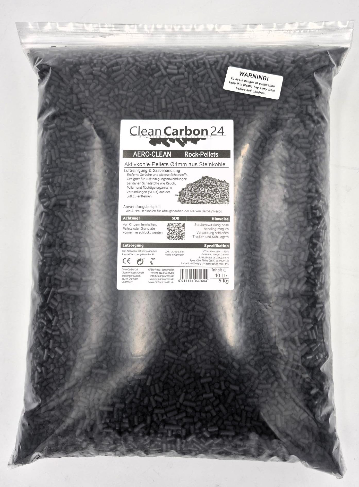 Granulki z węglem aktywnym Ø 4 mm, z węgla kamiennego do oczyszczania powietrza CC24 AERO-CLEAN Rock-Pellets nowe: 2-krotnie odpylany (5 litrów)