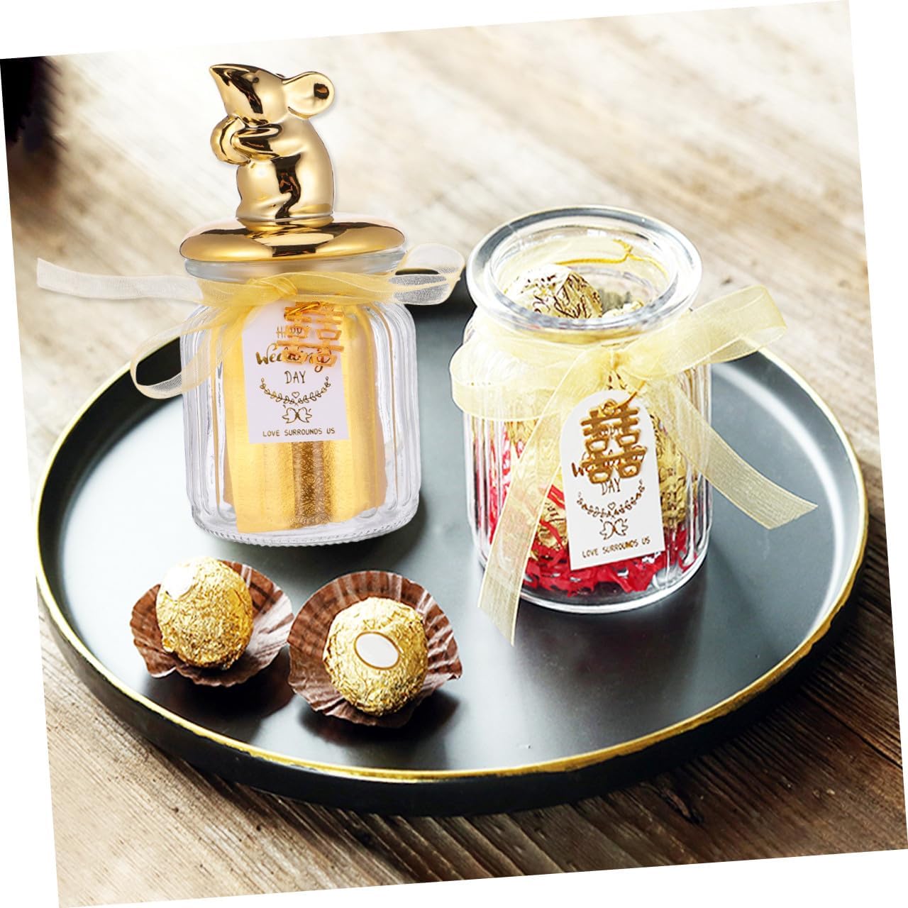 Uonlytech Glass Candy Jar with Gold Plated Ceramic Animal Lid, Sealed Storage Bottle for Snacks and Desserts, Decorative Candy Box for Wedding and Party Favors