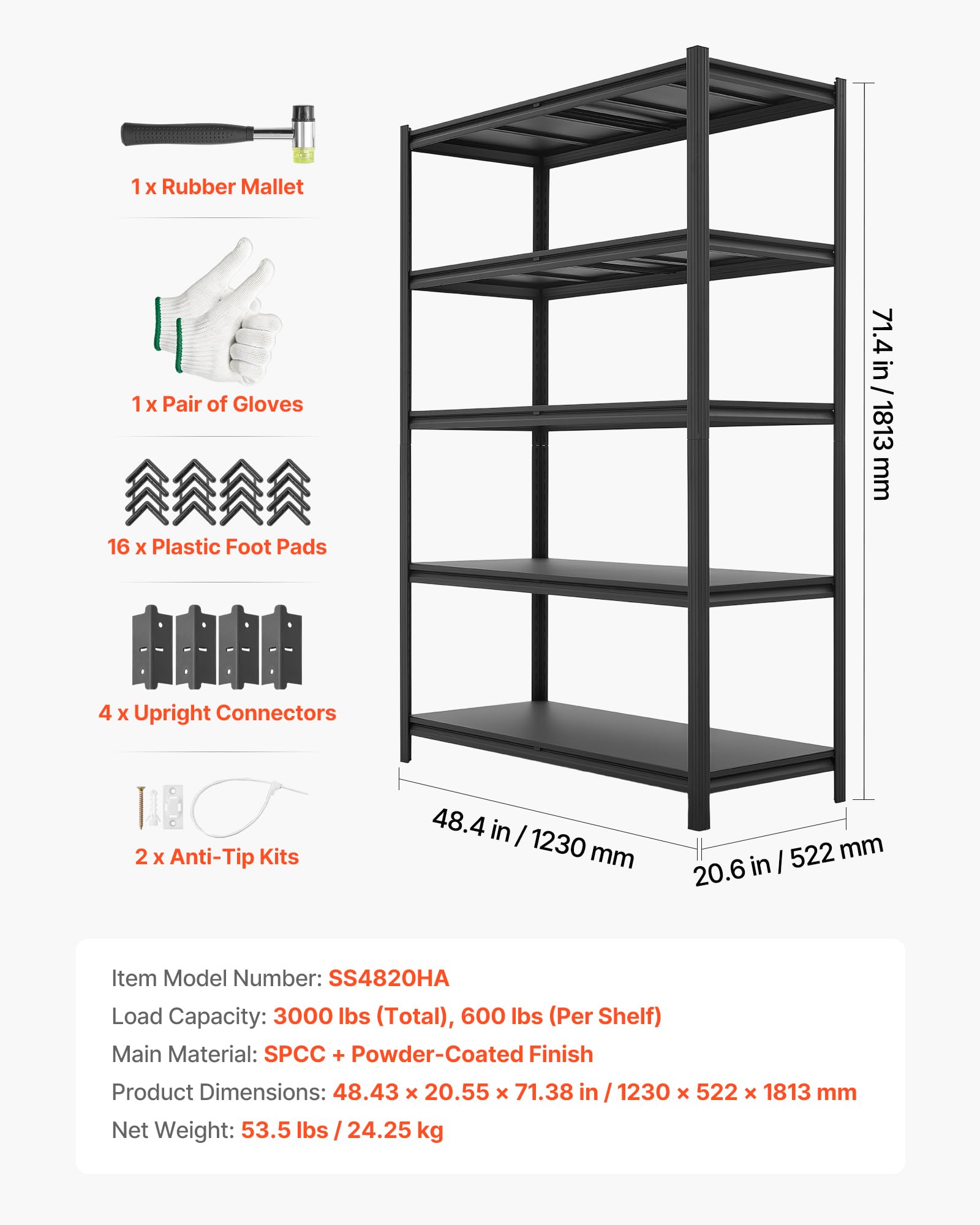 VEVOR Étagère de Rangement, 5 Niveaux Réglables, Étagère Charge Lourde Modulable 1230x522x1813 mm, Capacité de Charge Totale 1360,8 kg, Rayonnage Métallique pour Atelier, Garage, Entrepôt et Cave