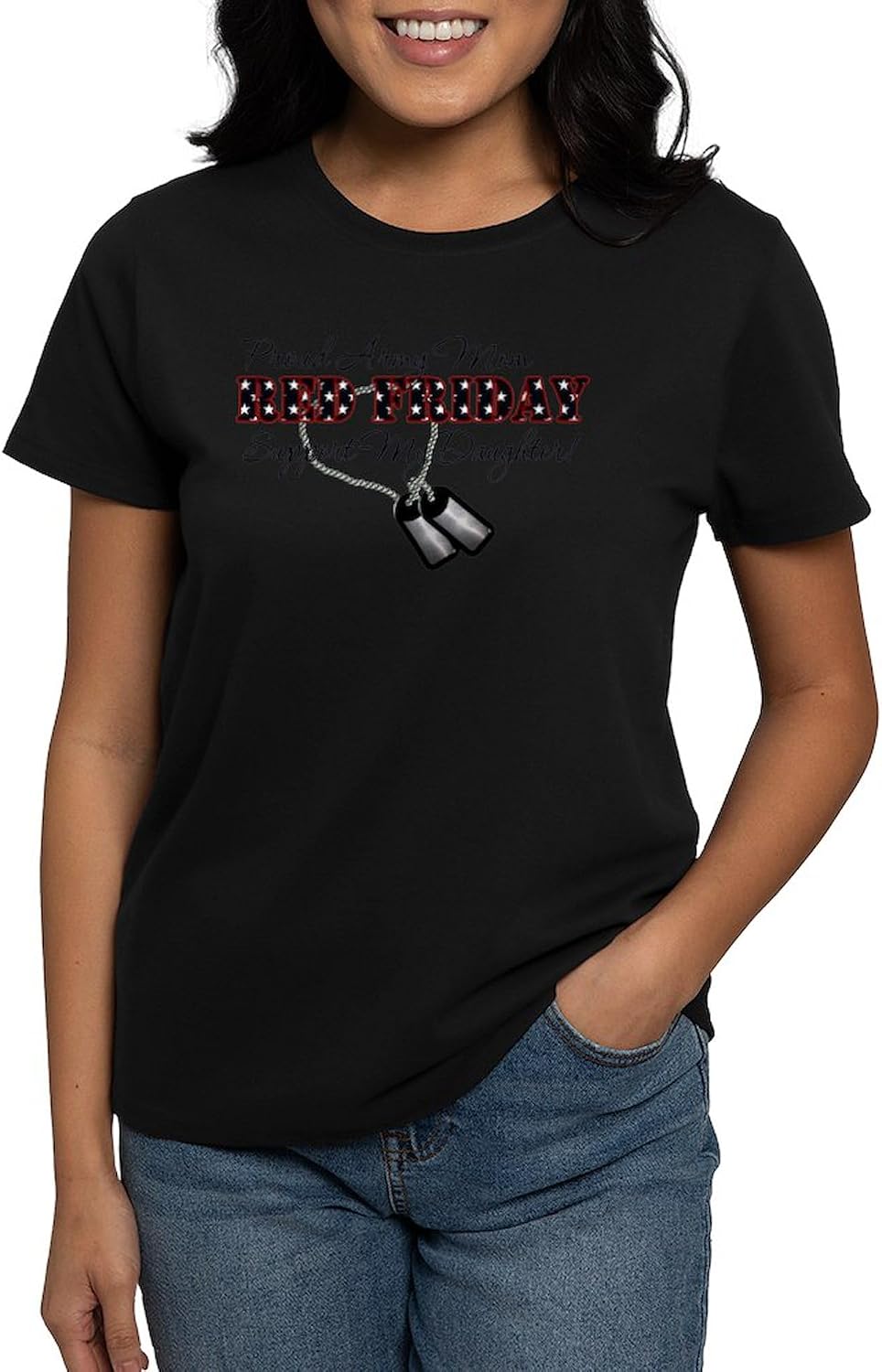 CafePress Proud Army Mom, Support My Daughter Women's Dark Womens Classic Crew-Neck Soft Graphic T-Shirt