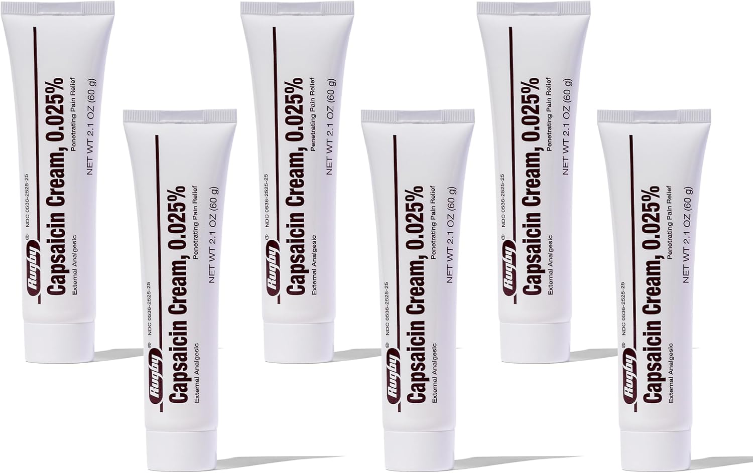 Rugby Capsaicin 0.025% Cream for Penetrating Pain Relief - 2.1 Oz (60g) (6 Pack)