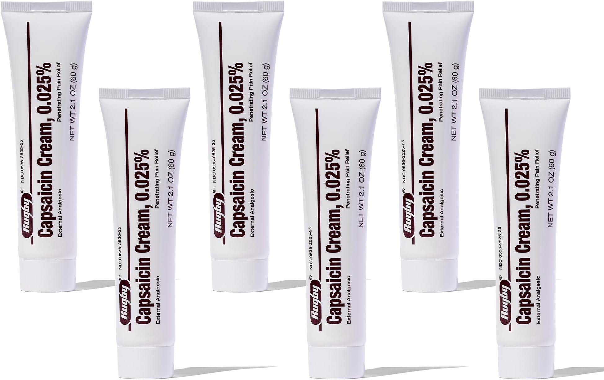 Rugby Capsaicin 0.025% Cream for Penetrating Pain Relief - 2.1 Oz (60g) (6 Pack)