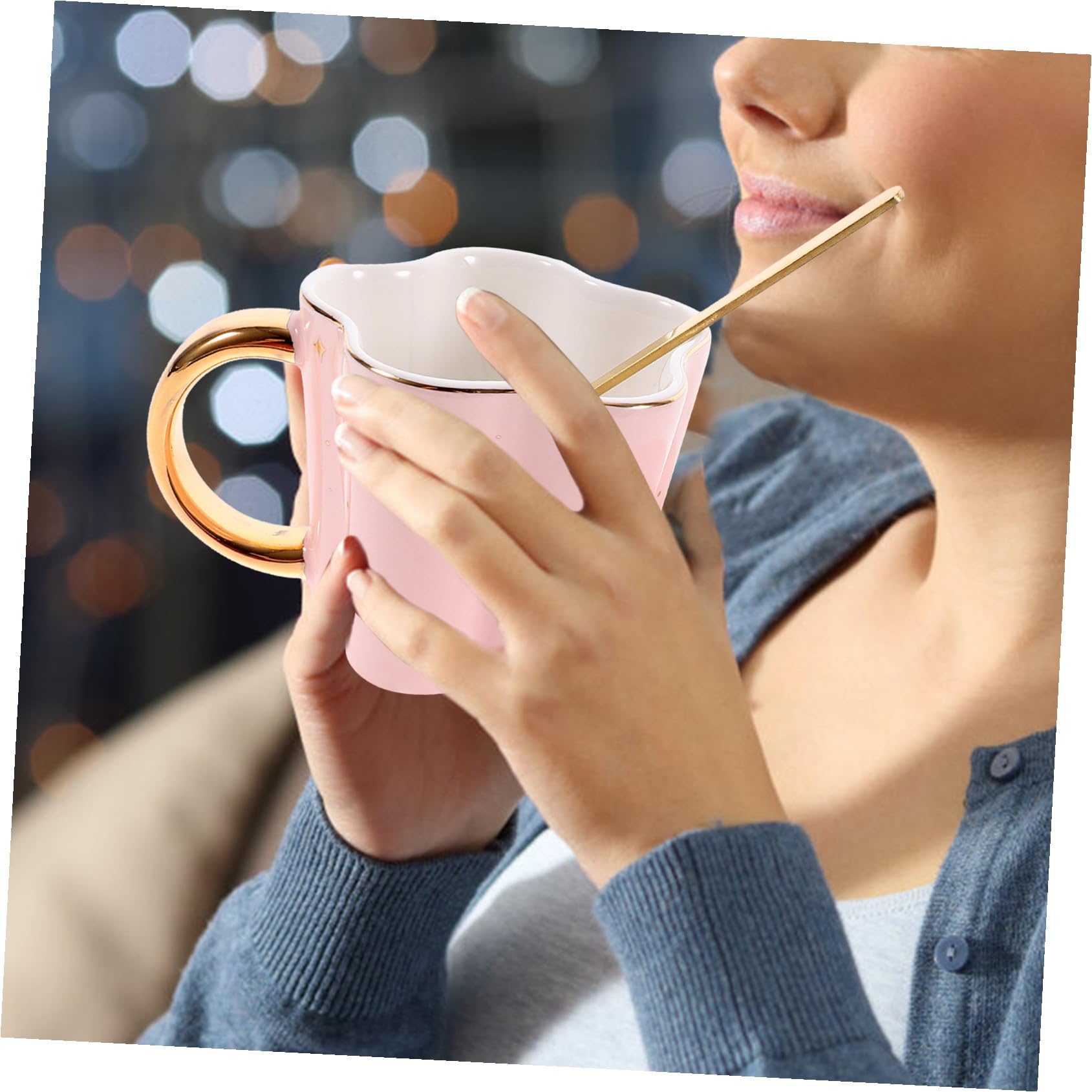 Tazza da Caffè in Ceramica 120ml con Cucchiaio e Piattino | Tazzine da Caffe Particolari, Set 1 Pezzo, Piattino a Forma di Luna e Stella, Colore Rosa