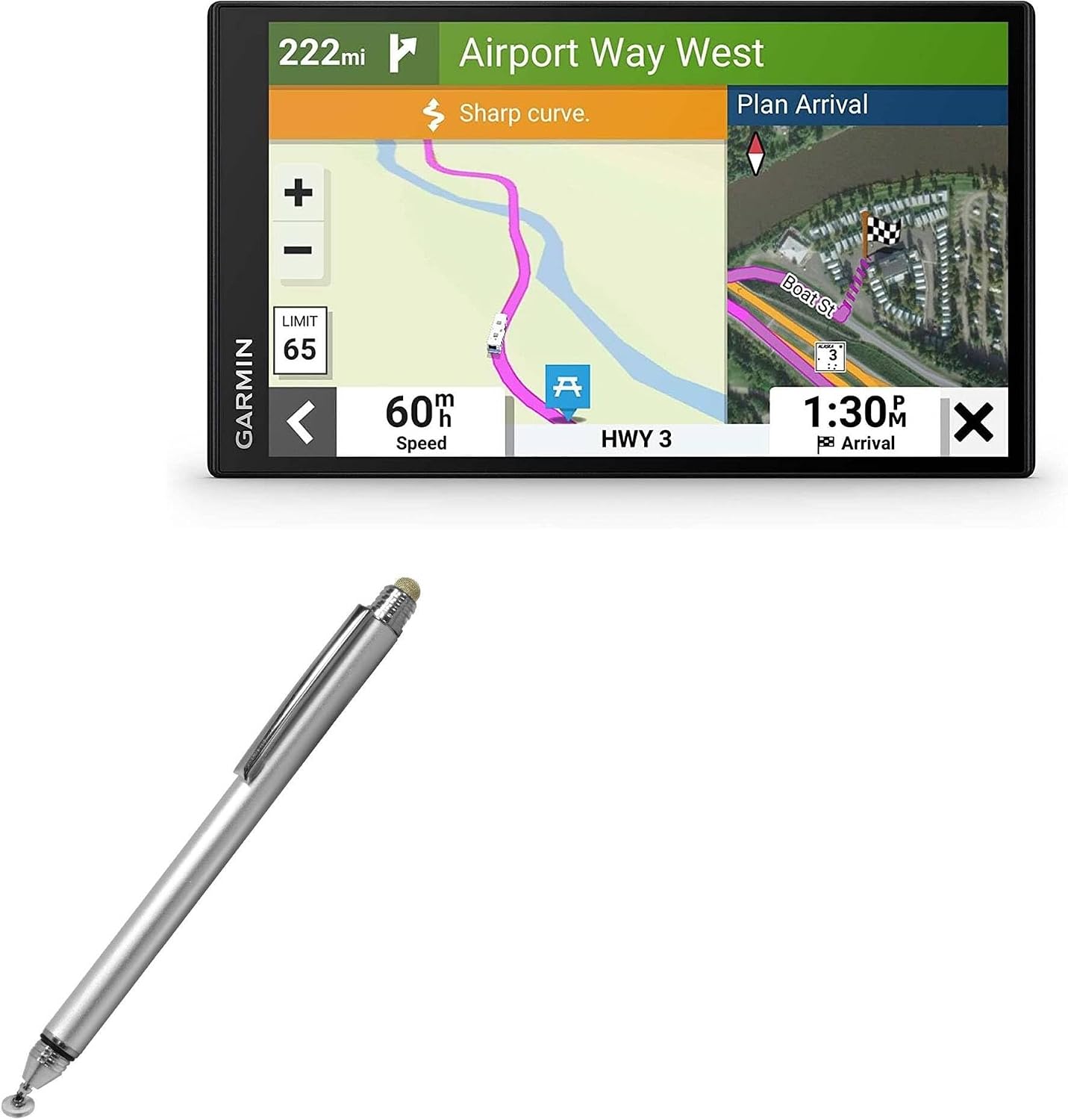 BoxWave Stylus Pen Compatible with Garmin RV 795 - DualTip Capacitive Stylus, Fiber Tip Disc Tip Capacitive Stylus Pen - Metallic Silver