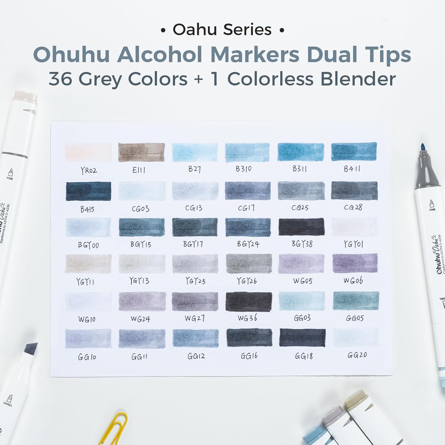 Ohuhu marker swatch sheet with various gray tones filled in