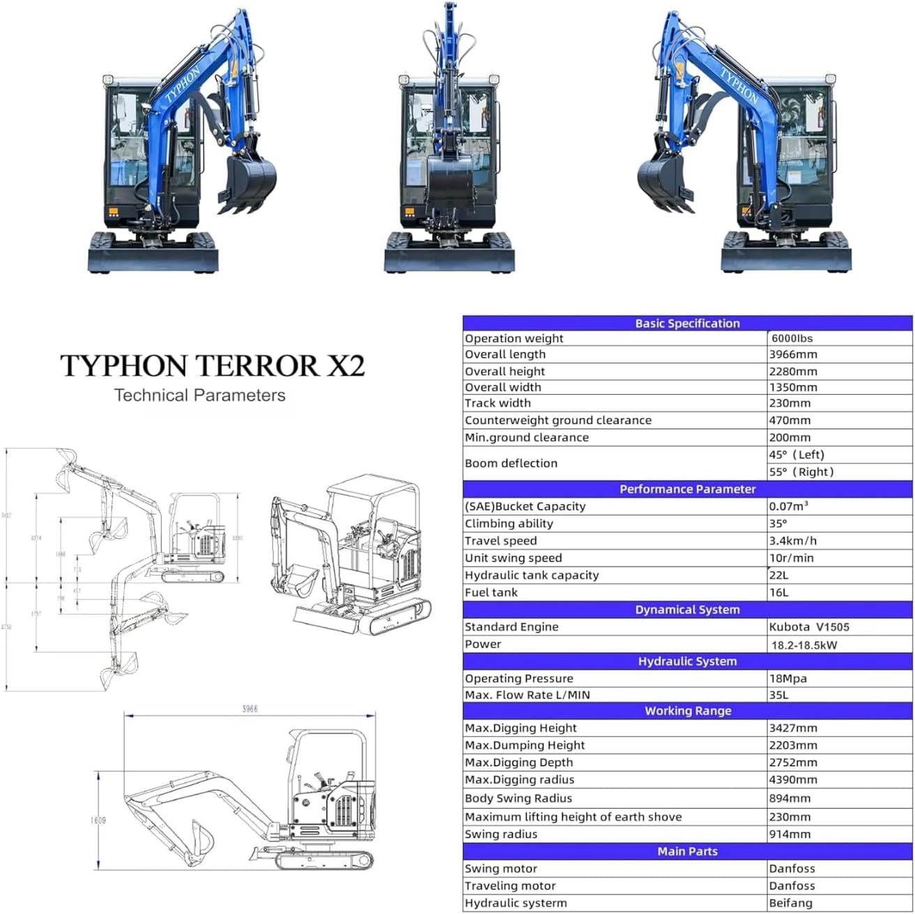 TYPHON Terror X2 Mini Excavator – 2.7 Ton Trench Digger with Boom Swing, Retractable Tracks, Heater/Air-Conditioned Cabin, Bucket – Mini Excavator Machine for Garden, Farms, Parks, Roads