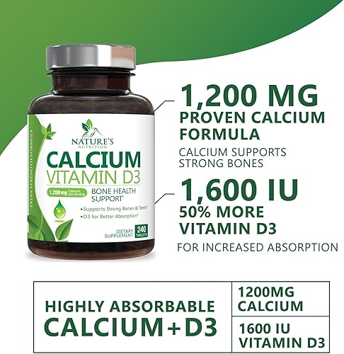 Miniatura 3 de Calcio 1200 mg más vitamina D3, salud ósea y apoyo inmunológico, suplemento de calcio de la naturaleza con vitamina D extra fuerte para absorción de
