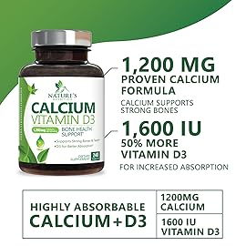 Calcium Supplement 1200 mg - with Vitamin D3 for Best Absorption - Supports Immune Health, Bones & Teeth - Nature\'s Calcium Carbonate + 1600 IU of D3 - Bottled in USA for Women & Men - 240 Tablets