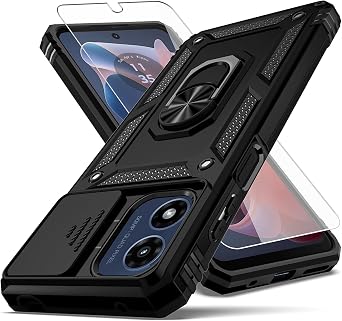 for Moto G Play 2024 Case,with Camera Lens Cover HD Screen Protector,[Military Grade] Ring Car Mount Kickstand Hybrid Hard PC Soft TPU Shockproof Protective Case for Moto G Play 4G 2024, Black