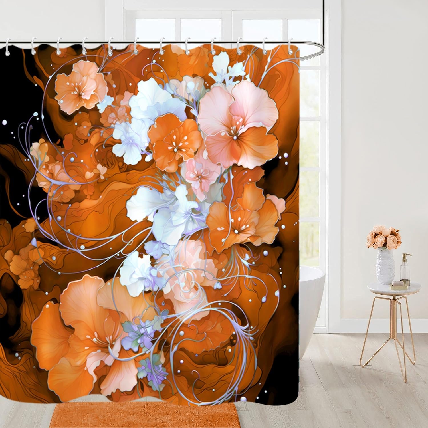 Rideau de douche abstrait orange pour une salle de bain moderne et colorée