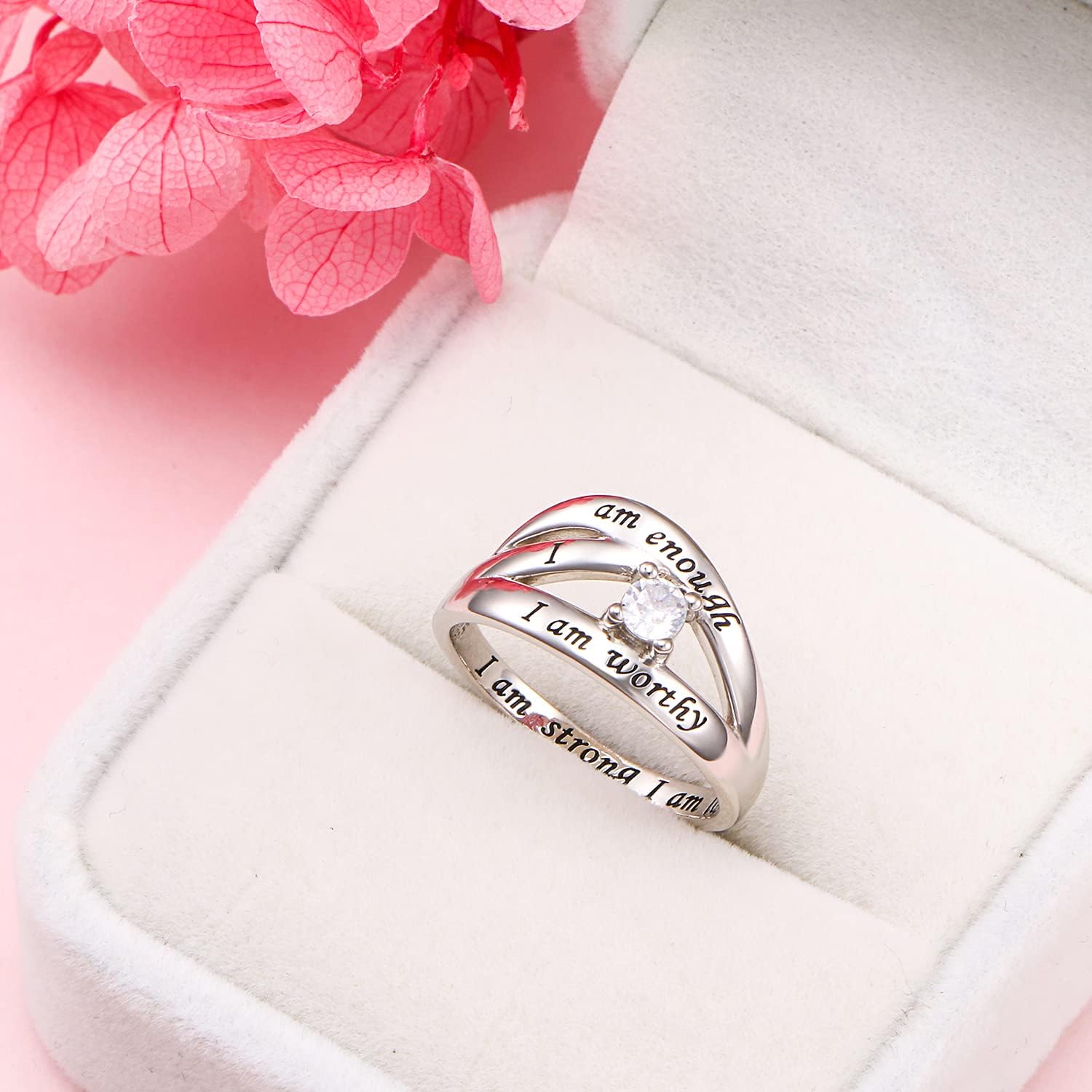 DAOCHONG 925 Sterling Silver I Am Enough I Am Worthy I Am Strong I Am Loved Ring for Women (B, 5)