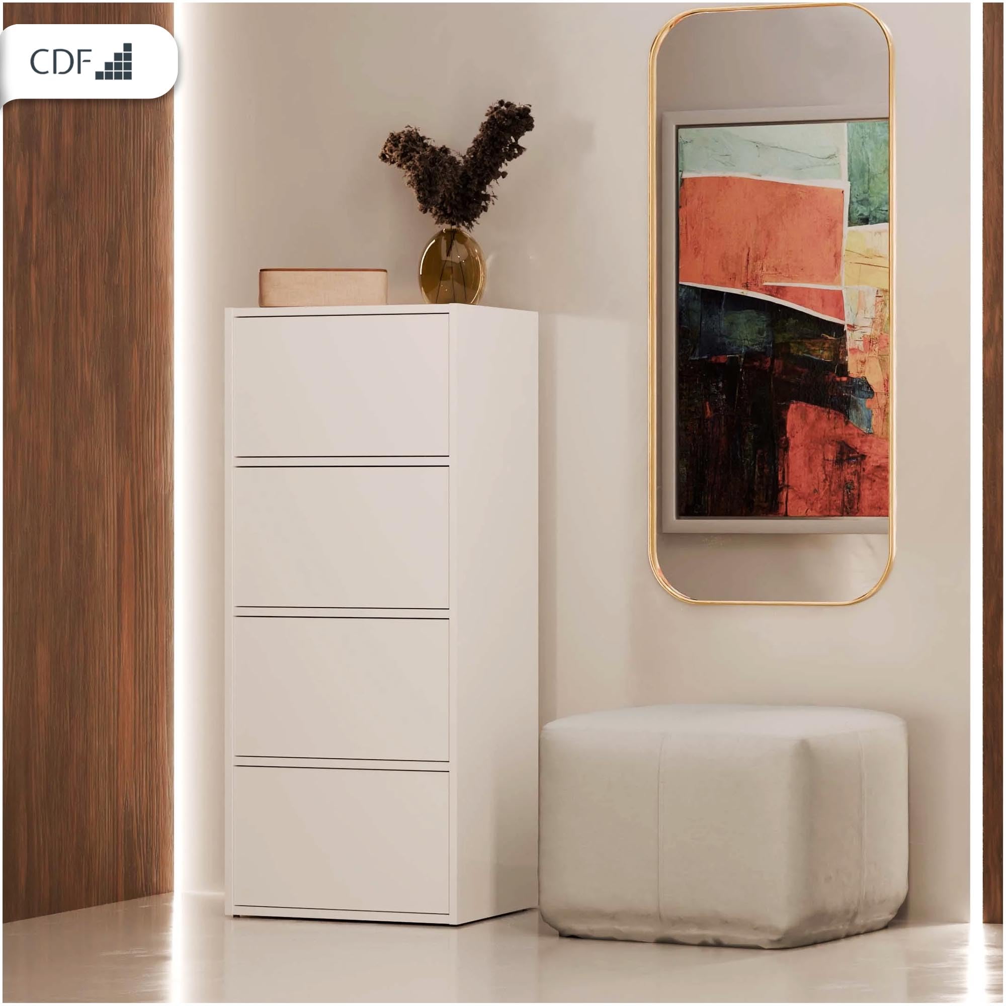 CDF Armoire De Rangement Haute 50cm 4 Portes 4 Étagères Salon Bureau Entrée Chambre Couloir Meuble Buffet Commode Placard Dressing Vestiaire Casier Cabinet Fin Push-to-Open sans Poignée Moderne Blanc