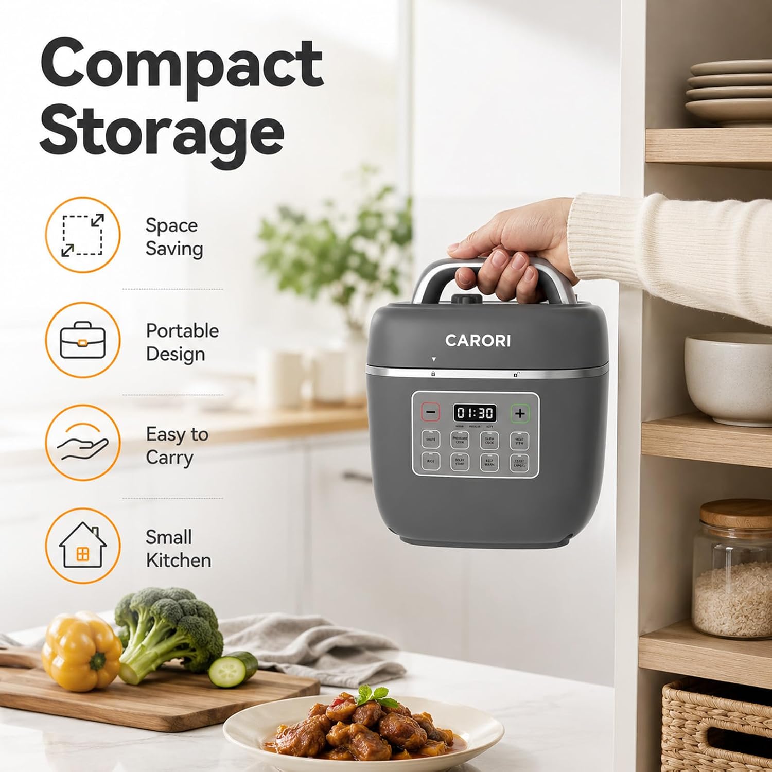3QT 8-Function Electric Pressure Cooker, Compact Multi-Cooker with Ceramic Nonstick Pot – Pressure Cook, Saute, Slow Cook, Meat Stew, Rice, Delay Start, Keep Warm & Safe Venting, Gray