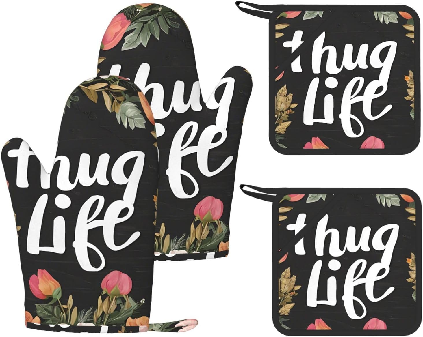 Thug Life Flowers 4pcs Oven Mitts and Pot Holders Sets for Kitchen, Silicone Oven Gloves Non-Slip Potholders Hot Pads for Baking Cooking