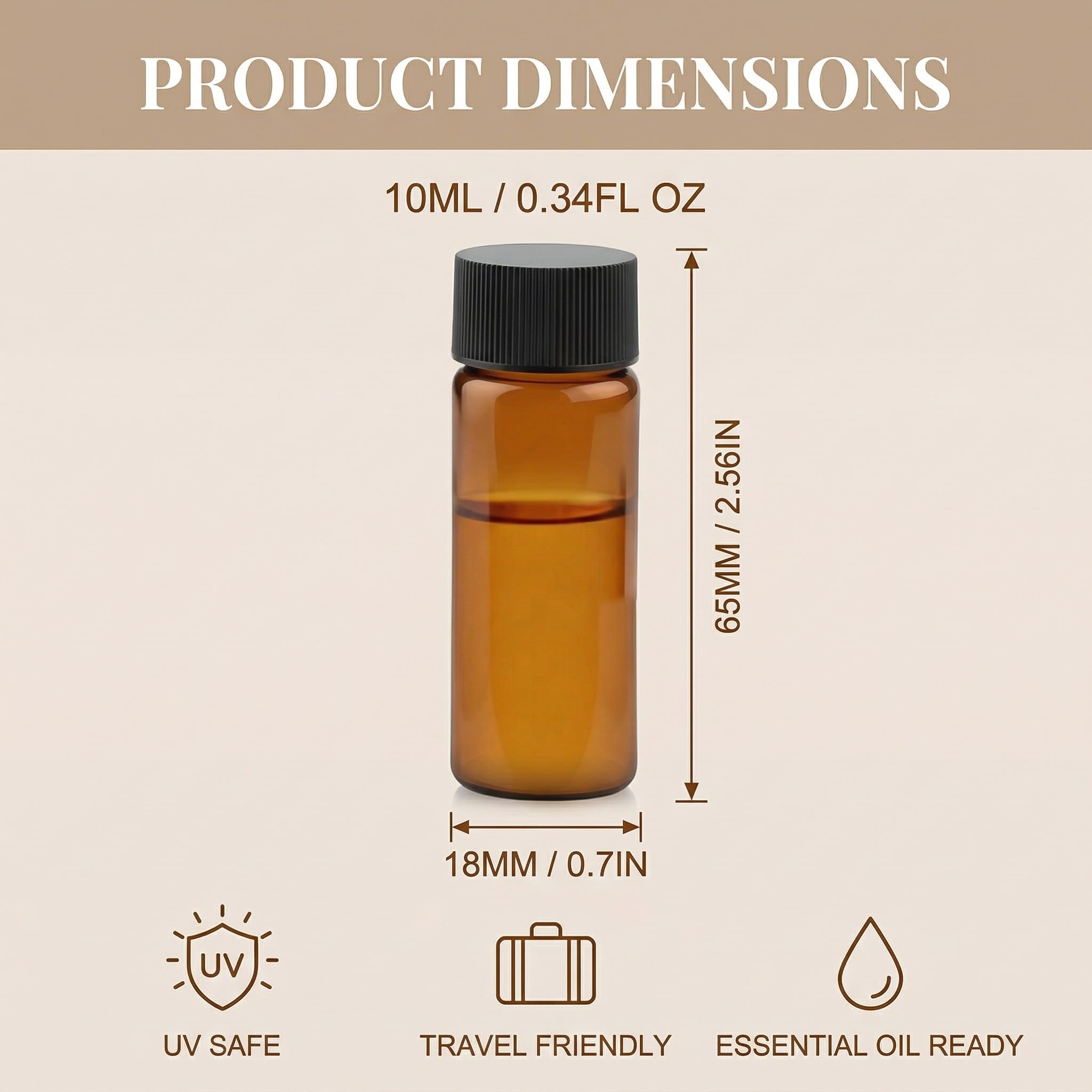 20 Pezzi Bottiglie in Vetro Ambrato da 10ml con Tappo a Vite Nero, Flaconi Piccoli per Oli Essenziali, Liquidi e Campioncini, Boccette Ermetiche per Laboratorio e Viaggio, 18x65mm