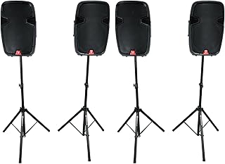 Rockville RAMSYS15 (4) 15-in Rechargeable PA Speakers 1000-Watt Peak/250-Watt RMS, Bluetooth, USB/SD, TWS Linking, (2) Tripod Stands, (2) Wireless Microphones, 2-Piece