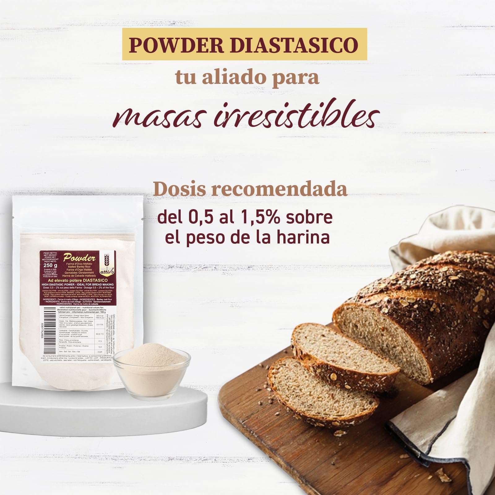 Malto Attivo Powder 250g Harina de Malta de Cebada Elevado Poder Diastásico Malta Diastásica Panificación