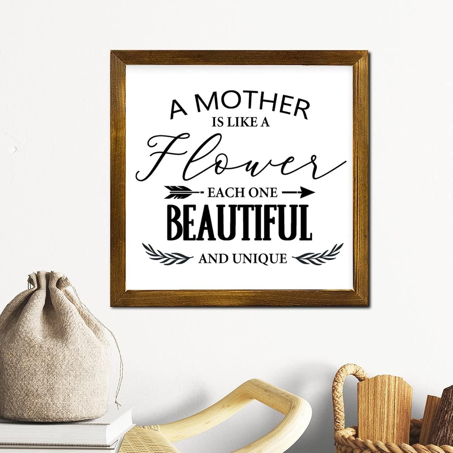 A Mother is Like A Flower Wood Framed Sign Heart Warming Wood Wall Art Farmhouse Wood Wall Hanging Decor for Women Office Bathroom Shelf Decor 12x12 Inch