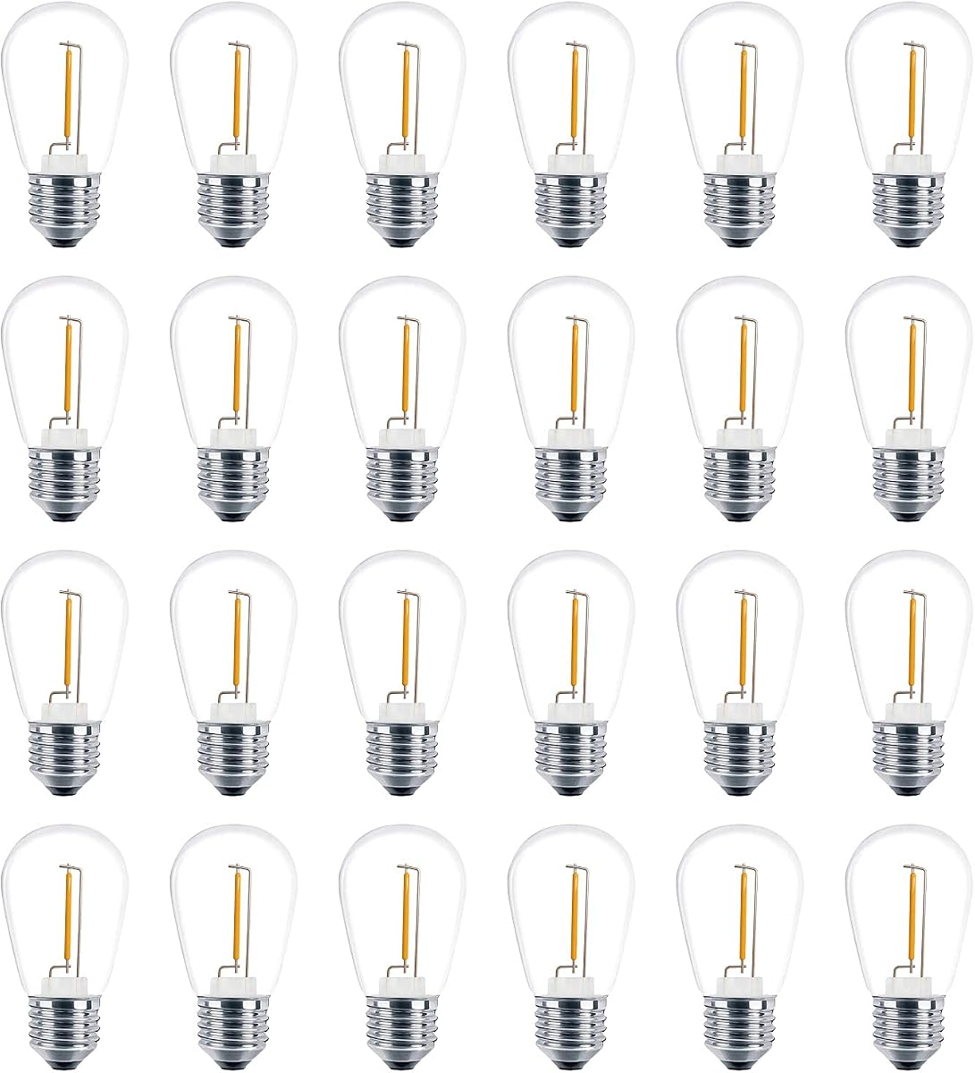 Meconard Paquete de 24 bombillas LED S14 de repuesto, inastillables para exteriores, 1 vatio para reemplazar bombillas incandescentes de cadena de 11 vatios, base de tornillo mediana regular E26, luz blanca cálida de 2200 K, no regulable
