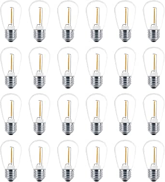 Meconard 24 Pack LED S14 Replacement Light Bulbs, Shatterproof Outdoor, 1 Watt, E26 Base, Warm White