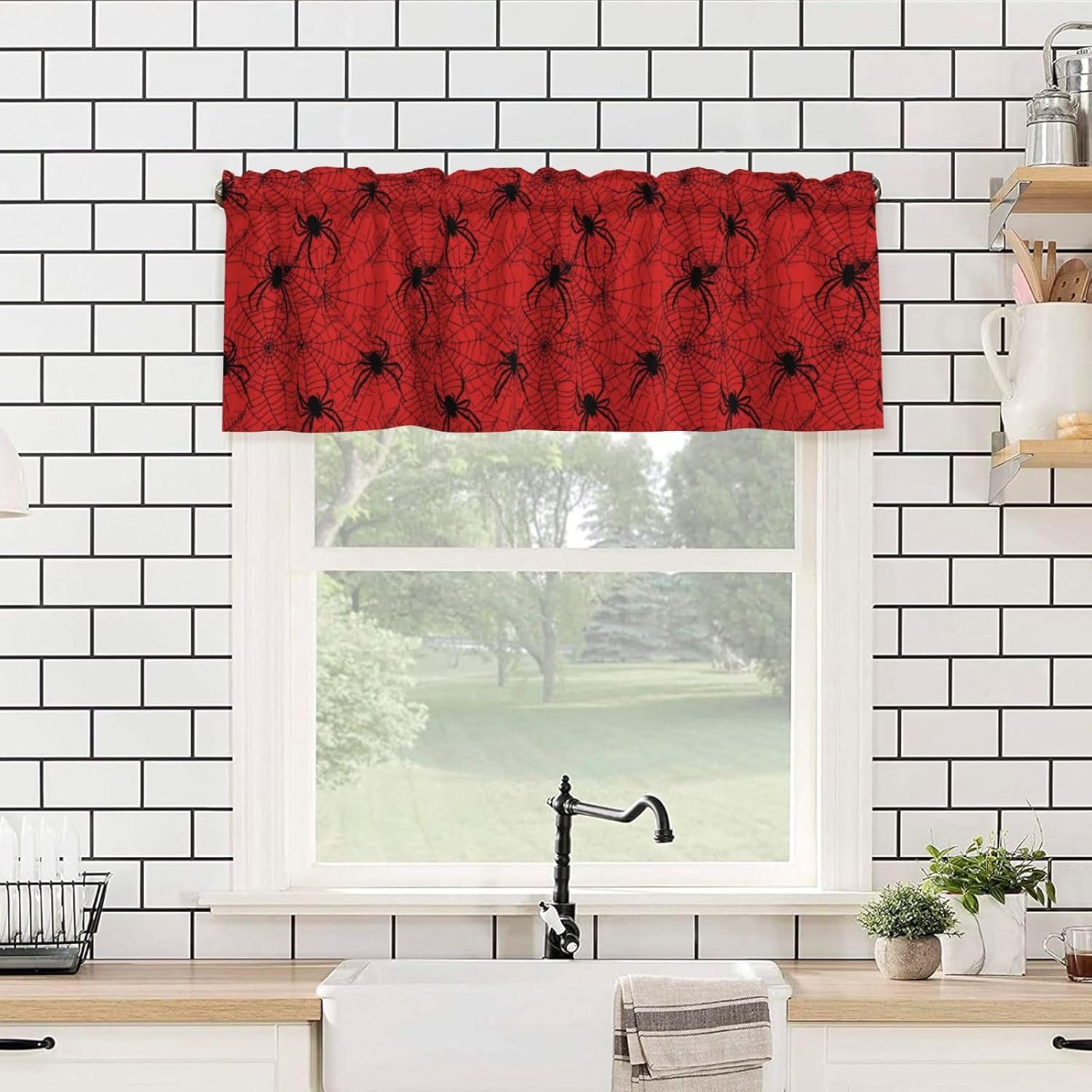 Valance for Windows Black Spider Web Kitchen Curtains Valances Rod Pocket Halloween Red Background Window Treatment Short Topper Curtains 1 Panel, 54x18inch