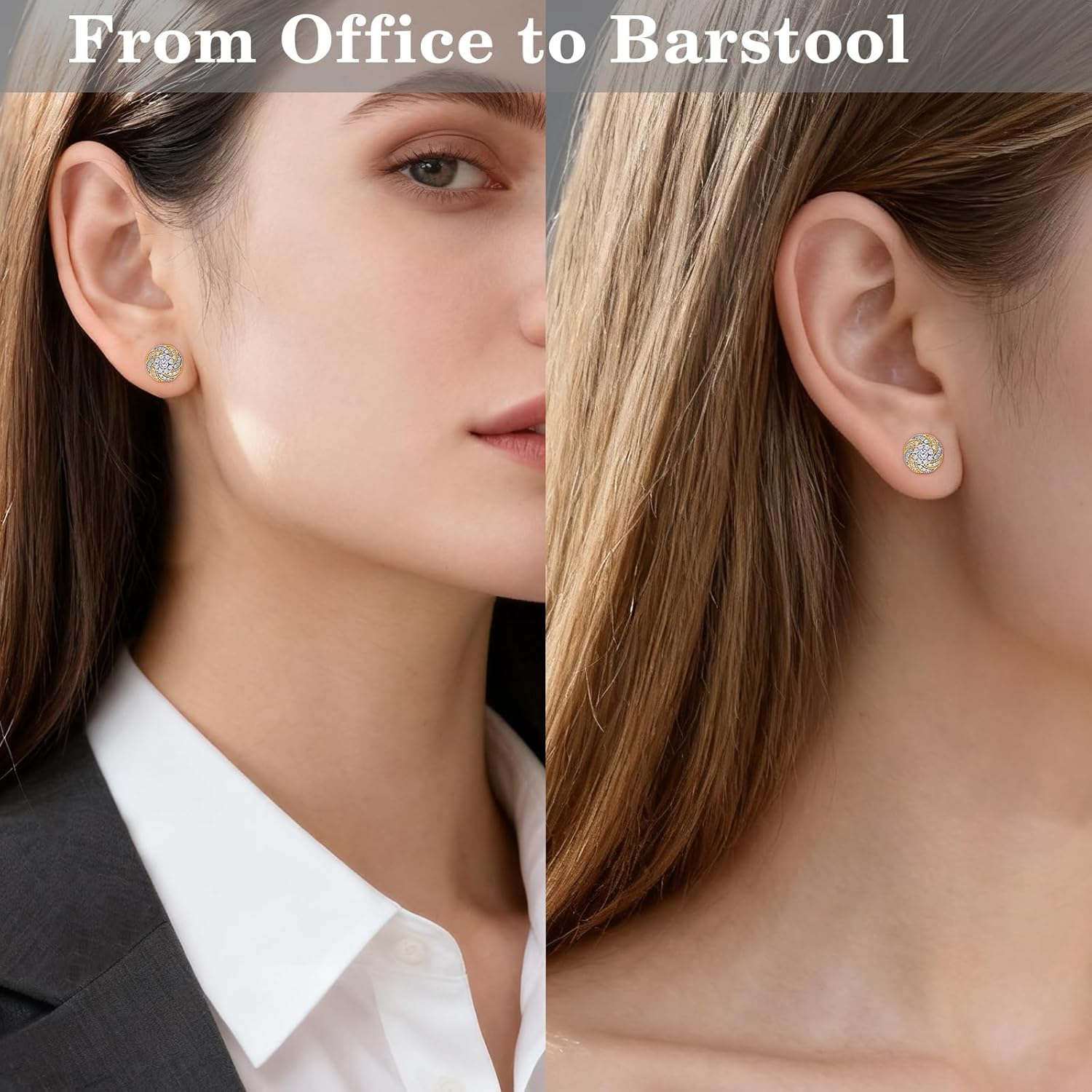 Two-Tone Stud Earrings for Women, 14K Gold Plated Earrings with Cubic Zirconia, Hypoallergenic 925 Sterling Silver Posts for Sensitive Ears, Jewelry Gift for Her