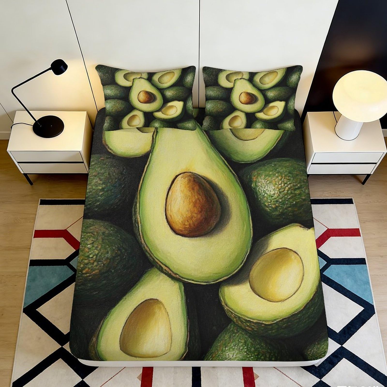 3D Printed Avocado Fruit Fitted Sheet Microfiber Soft Green Mattress Cover for Bedroom Guest Room Dorm Bed Decor 160x200x25cm