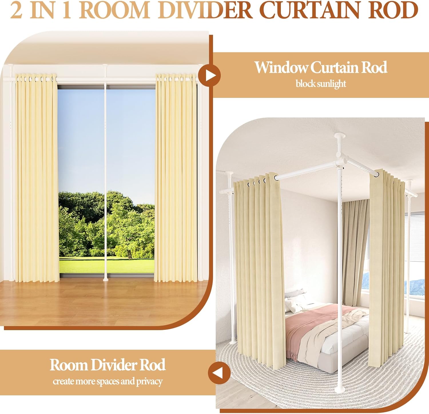 Room Divider Curtain Rod No Drilling, 4-9ft (H) 28-142inch(W) Adjustable Heavy Duty Floor to Ceiling Tension Rod Wall Dividers, Easy Assembly Temporary Privacy Separator for Room Separation White