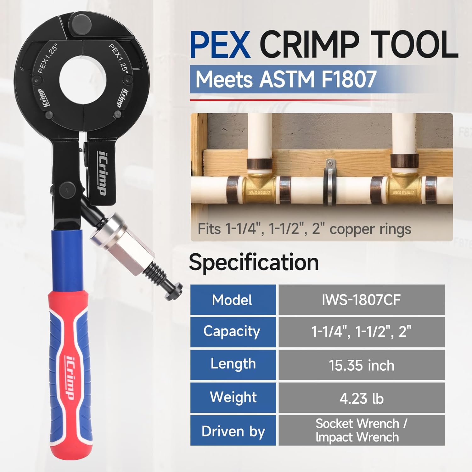 iCrimp Pex Pipe Crimping Tool kit for 1-1/4", 1-1/2", 2" Copper Ring with Gauge, Adapts to Manual Wrench & Socket for Tight Spaces