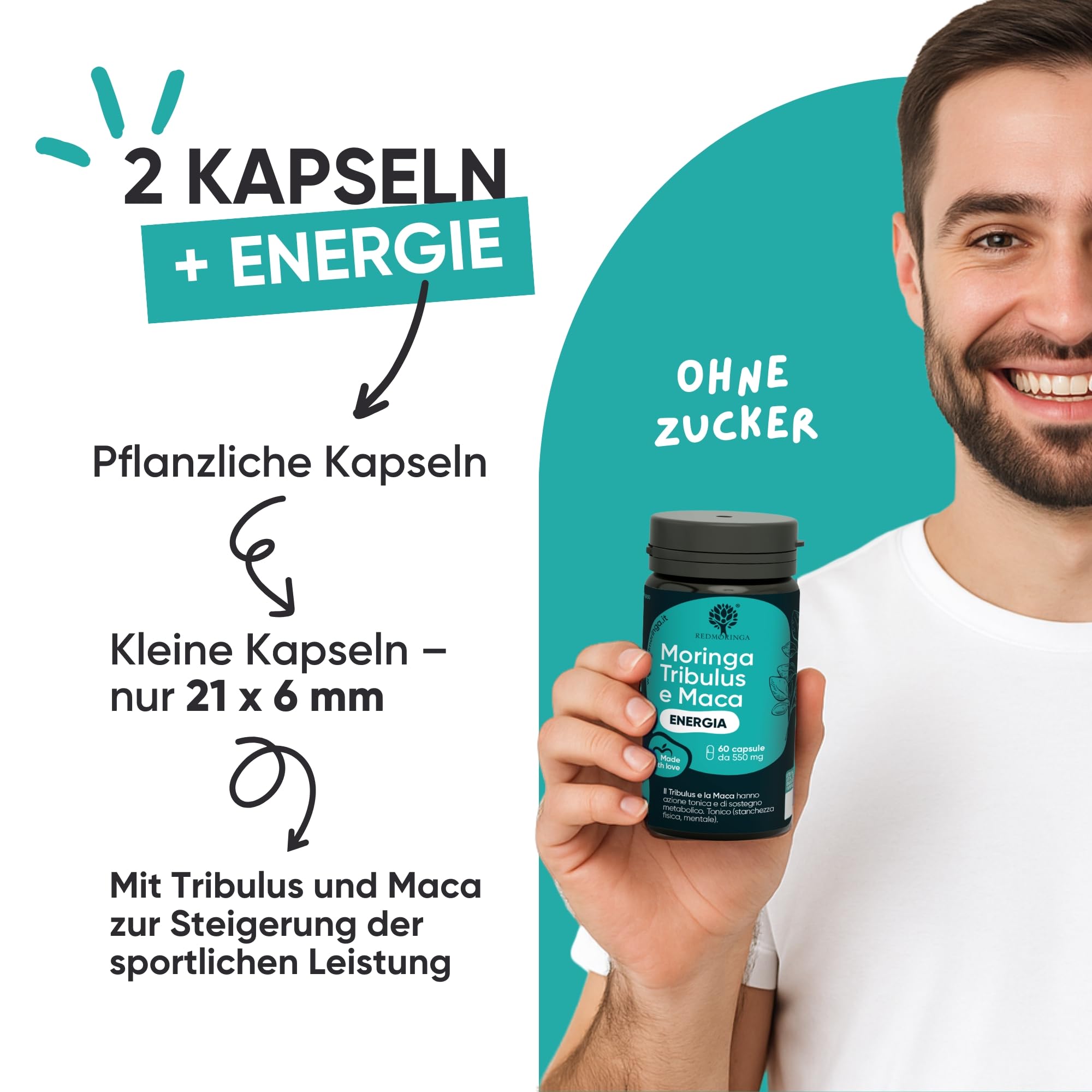 RedMoringa Tribulus Terrestris, Maca & BIO Moringa Kapseln - 90% Saponinen Kraft & Testosteron Booster - Unterstützung für Muskelaufbau & Libido | 180 Kapsel